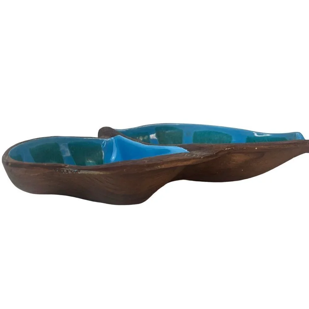 California Pottery Nut Candy Dish MCM Vintage Mod Art Deco Blue and Green USA 60